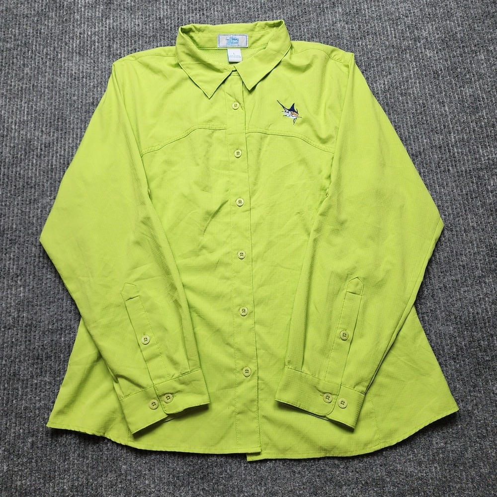 Guy Harvey AFTCO Fishing Shirt Womens Large Lime Green Marlin Embroidered L/S‎